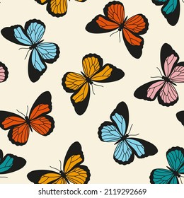 Colorful butterflies seamless pattern with yellow background. Hand-drawn butterflies print for wallpaper, fabric, interior decor