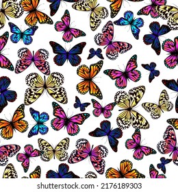 Colorful butterflies seamless pattern with yellow background. Hand-drawn butterflies print for wallpaper, fabric, interior decor