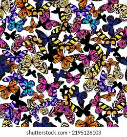 Colorful butterflies seamless pattern with yellow background. Hand-drawn butterflies print for wallpaper, fabric, interior decor
