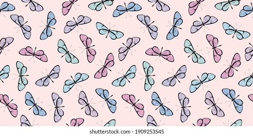 Colorful butterflies seamless repeat pattern background vector. Random butterfly elements, pastel colors.