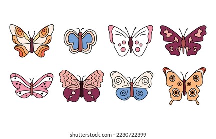 Coloridas mariposas. Colección vectorial de insectos de doodle aislados. Los colores gruesos diseñan elementos sobre fondo blanco. Hermosa mariposa de contorno.