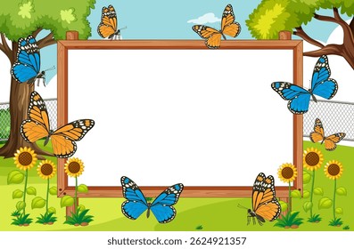 Colorful butterflies and sunflowers surround a wooden frame in a vibrant, nature-themed vector illustration with bright colors