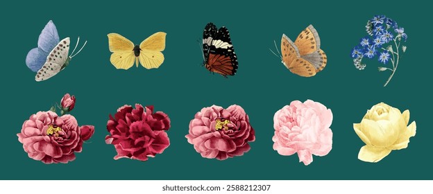 Colorful butterflies and vibrant flowers on a green background. Butterflies and flowers in various colors. Nature theme with butterflies and flowers. Spring flower illustrations, element vector set.