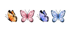 Papillons Colorés à L'aquarelle Isolés Sur Fond Blanc. Papillon Bleu, Orange, Violet Et Rose. Illustration Vectorielle Du Printemps