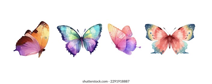 Colorful butterflies watercolor isolated on white background. Pink, green, brown, yellow butterfly. Spring animal vector illustration