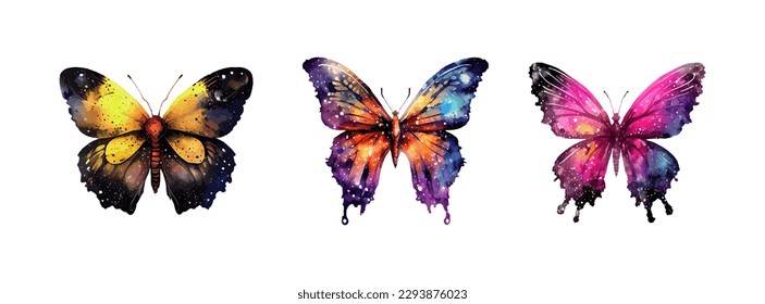 Colorful butterflies watercolor isolated on white background. Fantasy Pink, green, brown, yellow butterfly. Spring animal vector illustration