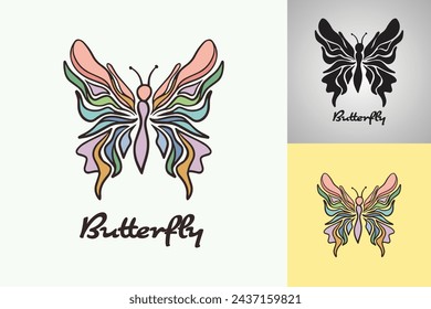 Colorful butterflies with the word "butterfly" written underneath. Doodle style silhouette butterflies set