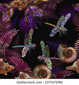 Colorful butterfllies and dragonflies. Seamless pattern. Embroidery. Prehistoric concept. Template for clothes. Ancient tropical forest background. Archeology and paleontology art