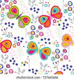 Colorful butterfly and abstract flowers pattern