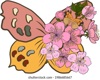 Colorful Butterfly art print poster.Butterfly wall art, Nature illustration,Nature print, Butterfly wall decor.Branch of Cherry blossom on white.Vector illustration Sakura Flower