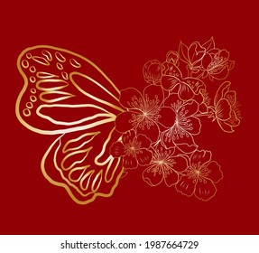 Colorful Butterfly art print poster.Butterfly wall art, Nature illustration,Nature print, Butterfly wall decor.Branch of Cherry blossom on white.Vector illustration Sakura Flower