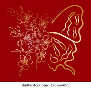 Colorful Butterfly art print poster.Butterfly wall art, Nature illustration,Nature print, Butterfly wall decor.Branch of Cherry blossom on white.Vector illustration Sakura Flower