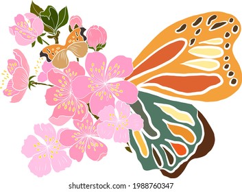 Colorful Butterfly art print poster.Butterfly wall art, Nature illustration,Nature print, Butterfly wall decor.Branch of Cherry blossom on white.Vector illustration Sakura Flower