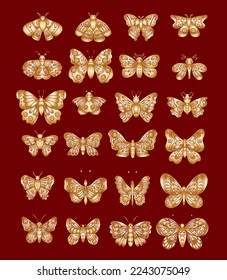 Colorful Butterfly art print poster,Butterfly wall decor.Set of realistic vector butterfly.Collection of vintage elegant illustrations of butterfly.Clip art.Design element for your project.Gold vector