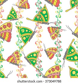 Colorful butterfly background. Seamless pattern of hand drawn butterfly and ornate elements. Bright summer pattern design. Seamless for design, wallpaper, wrapping, prints, etc