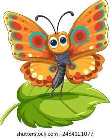 Colorful butterfly character standing on a green leaf
