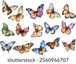 Colorful butterfly collection. Vibrant vector illustrations of flying butterflies for nature and decor concepts.

