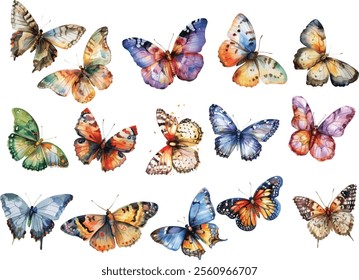 Colorful butterfly collection. Vibrant vector illustrations of flying butterflies for nature and decor concepts.

