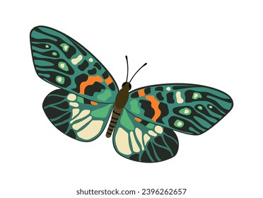 El concepto de mariposa colorida. Insectos verdes y negros con alas. Fauna y vida salvaje. Belleza, estética y elegancia. Afiche o pancarta. Dibujo vectorial plano de dibujos animados aislado en fondo blanco