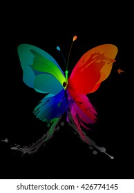 Colorful butterfly created from splash and colored objects.