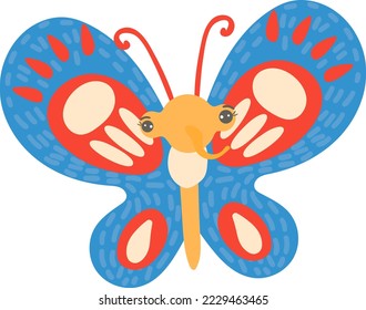 Colorful butterfly in cute, cartoon style, bright, winged insect, live nature design, flat vector illustration, isolated on white.