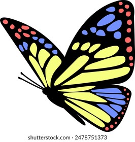 Colorful Butterfly Flies in the Air Against a White Background. Abstract Butterfly Wings. Exotic Moth Decor. Elegant Flying Insect.