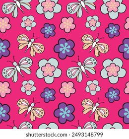 Colorful butterfly with floral seamless pattern background. Design for use all of fabric print wrapping paper and others. All over design ready to print. Easy edit and customizable