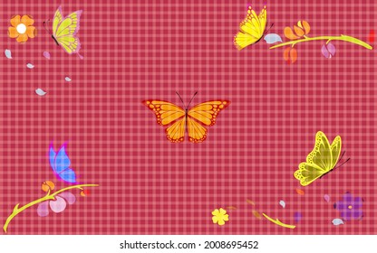 colorful butterfly and colorful flower on the red tablecloth