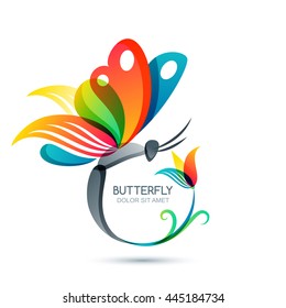 Colorful butterfly and flower, vector isolated illustration. Round floral frame with butterfly. Logo design elements. Concept for beauty salon, fashion, spa, cosmetics or makeup labels.