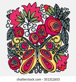 Colorful butterfly and flowers. Floral vector pattern.