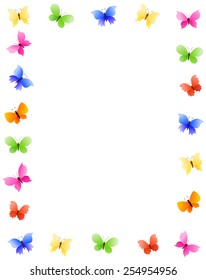 Colorful butterfly frame with different shaped and colored butterfly collection and empty white space on center 