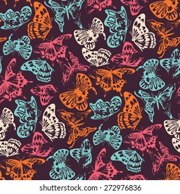 Colorful Butterfly Grunge Background Pattern. Hand Drawn Fabric Design.