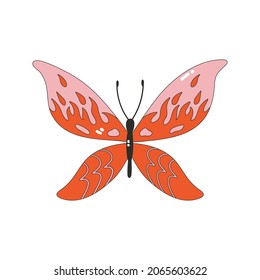 A colorful butterfly icon with a flame pattern. Nostalgia for the 2000 years. Y2k style. Simple flat linear vector illustration of a butterfly isolated on a white background.