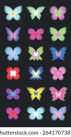Colorful butterfly icons on a dark background. Various butterfly shapes and vibrant colors like pink, blue, and green. Butterfly collection for design use. Cute glowing element set vector.