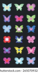 Colorful butterfly icons on a dark background. Various butterfly shapes and vibrant colors like pink, blue, and green. Butterfly collection for design use. Cute glowing element set vector.