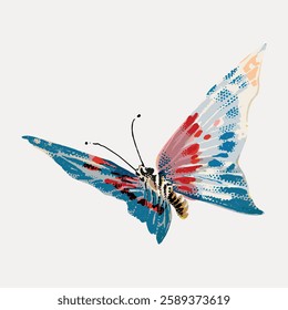 Colorful butterfly illustration with blue, red, and white wings. Detailed butterfly design, vibrant colors. Artistic butterfly with intricate patterns. Vintage bird illustration vector.