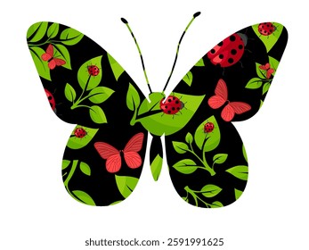 Colorful butterfly illustration with vibrant ladybugs and lush leaves on a dark background