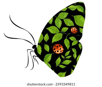 Colorful butterfly illustration with vibrant leaves and ladybugs in a whimsical nature design