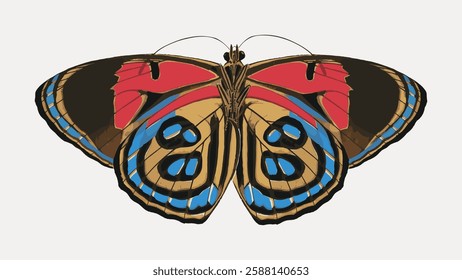 Colorful butterfly illustration with vibrant wings. The butterfly features red, blue, and brown patterns. Detailed butterfly design with symmetrical wings. Vintage animal illustration vector.