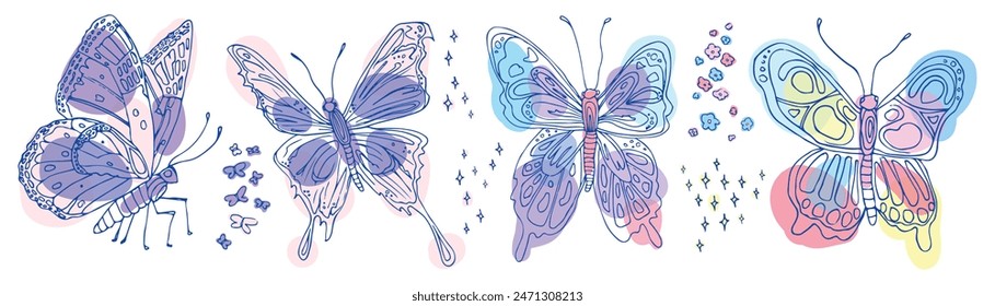 Colorful butterfly illustrations with intricate patterns, flowers, and sparkles in a whimsical style.