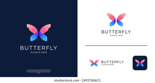 Colorful butterfly logo design template. Minimalist elegant overlap gradient logo vector illustration.