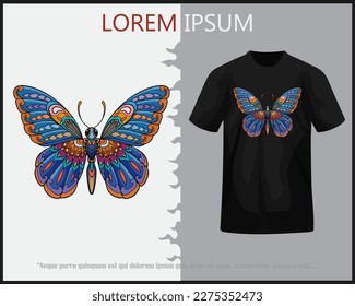 Colorful butterfly mandala arts isolated on white black t-shirt.