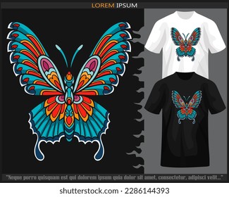 Colorful butterfly mandala arts isolated on black and white t shirt.