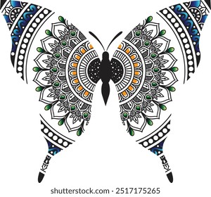 Colorful butterfly mandala arts on white t shirt.