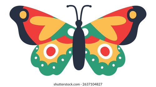 Colorful butterfly with open wings showing a symmetrical pattern with red, yellow, green and black colors, isolated on white background, ideal for children illustrations and nature related designs
