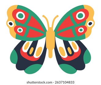 Colorful butterfly with open wings showing symmetrical patterns, featuring red, green, yellow, black, and white colors, creating a vibrant and decorative image