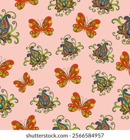 Colorful butterfly and ornate design pattern on pink background creates a playful textile print for various decorative uses.