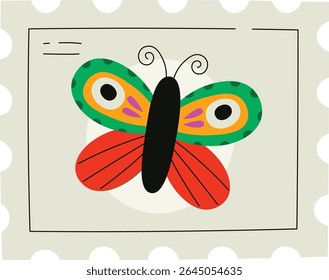 A colorful butterfly with patterned wings on a postage stamp in a playful style. The insect features bold shapes and vibrant details on a decorative background. Cartoon vector illustration.