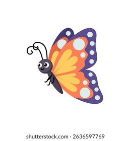 Colorful butterfly with patterned wings and smiling face. Flat cartoon illustration perfect for spring, children’s materials, or cute insect collections
