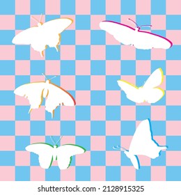 Colorful butterfly patterns on pink blue square patterns, vector decorative overlay textile
